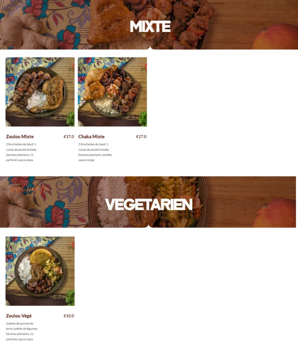 Carte et menu de Zoulou Food à Villeurbanne — Les plats mixte et végétariens