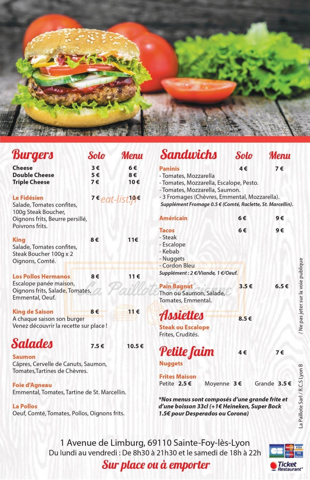 Carte et menu de La Paillote Fidésienne à Sainte Foy les Lyon — Burgers, sandwiches, salades,...