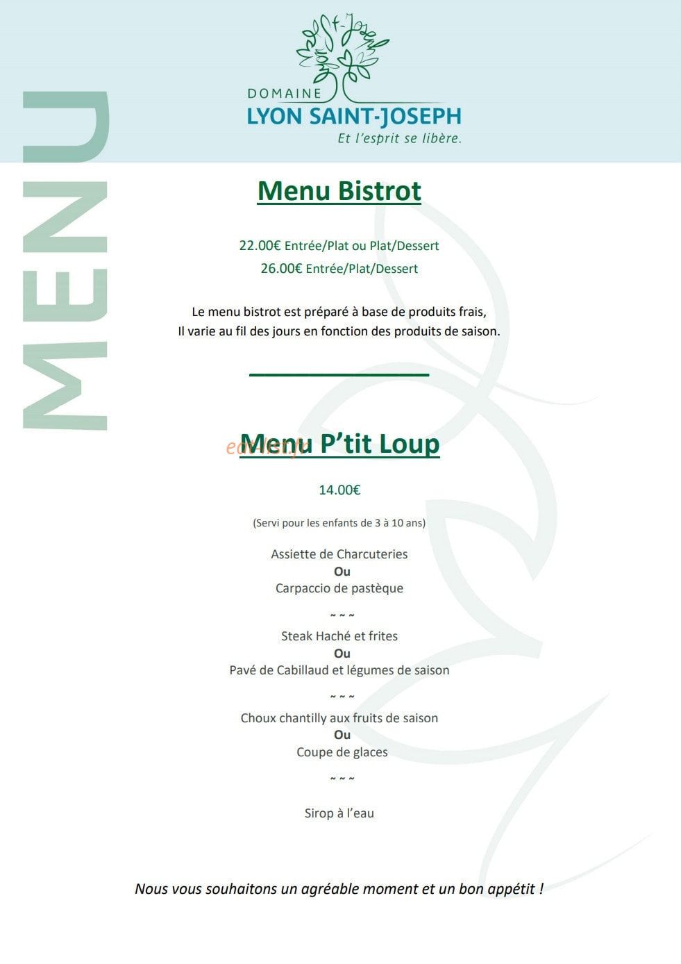 Carte et menu de Restaurant du domaine à Sainte Foy les Lyon — Les menus