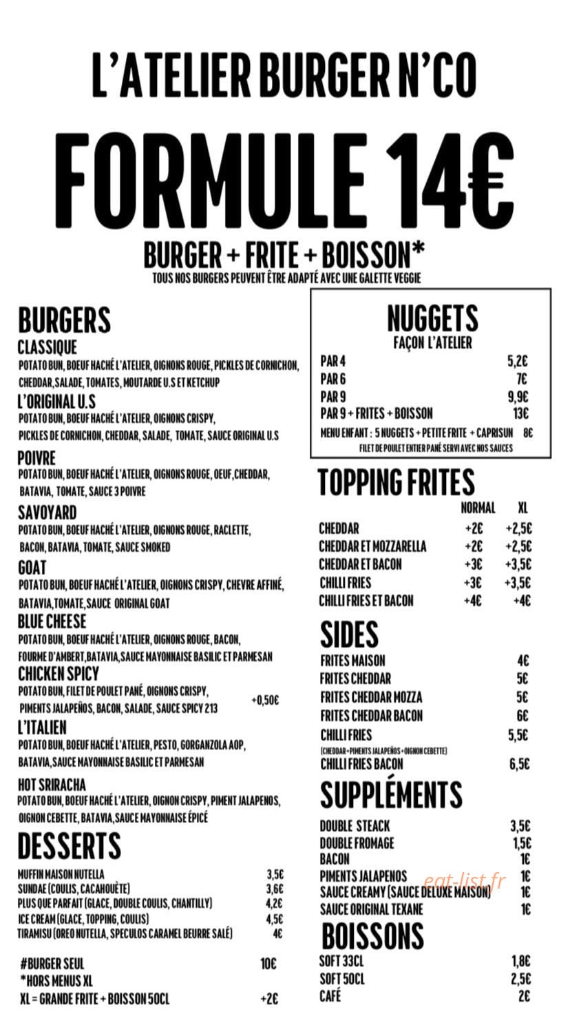 L'atelier burger N'co — carte page 1