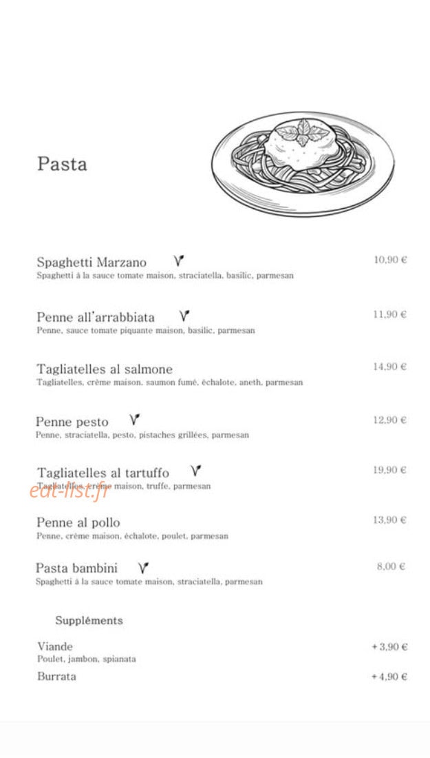 Carte et menu de Tutti italia à Vaulx en Velin — Les pâtes