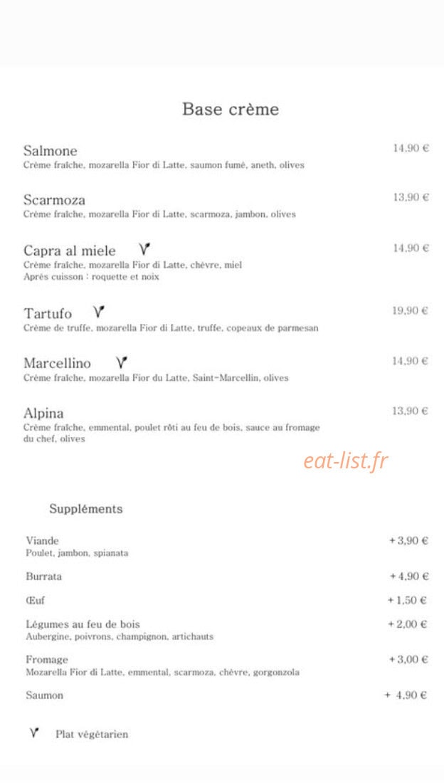 Carte et menu de Tutti italia à Vaulx en Velin — Les pizzas base crème et suppléments