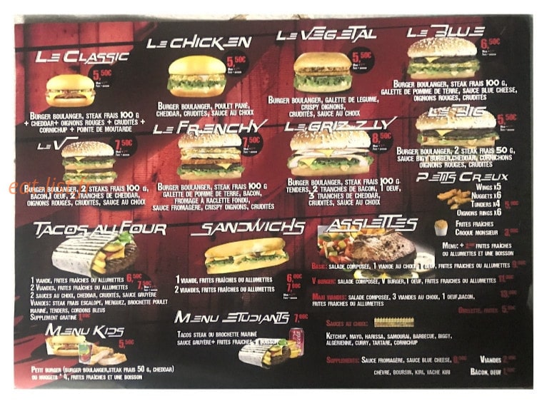 V'Burger — carte page 1