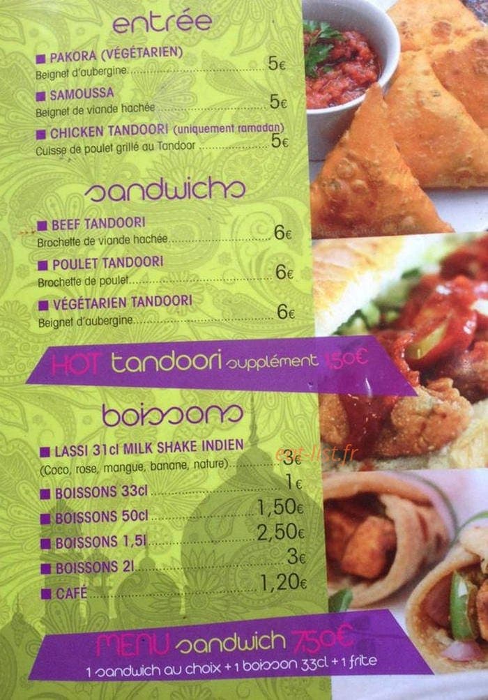 Carte et menu de Tandoori Food à Rillieux la Pape — Entrées, boissons, sandwichs,...