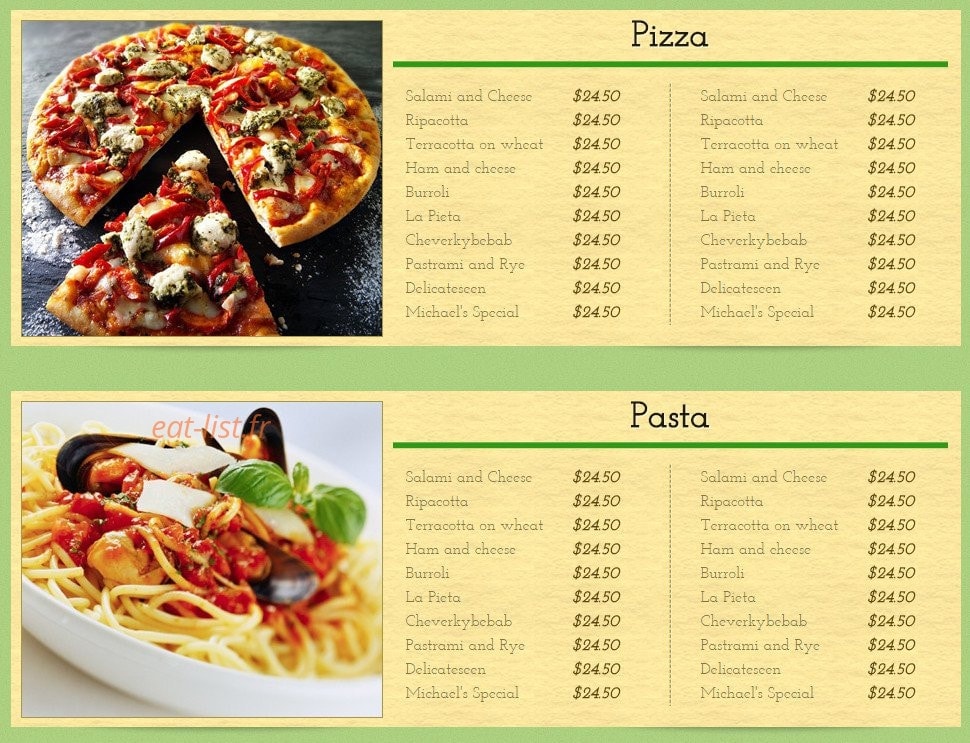 Pronto Pizzas — carte page 1