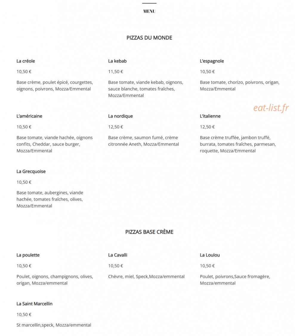 Bar à pizza — carte page 1