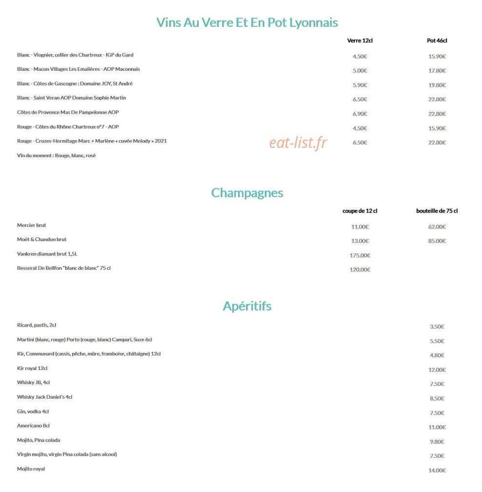 Carte et menu de Brasserie L’instant M à Tassin la Demi Lune — Les vins Au verre, champagnes et apéritifs