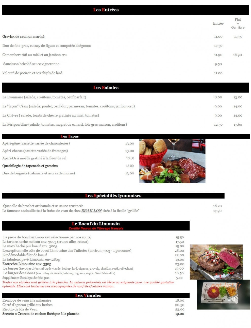Carte et menu de Brasserie les tuileries à Tassin la Demi Lune — Les entrées, salades, tapas...