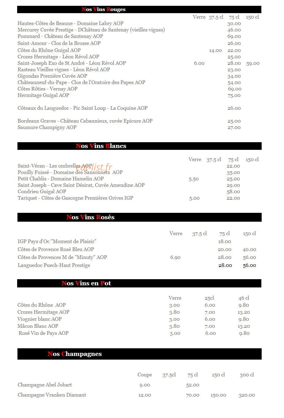 Carte et menu de Brasserie les tuileries à Tassin la Demi Lune — Les vins