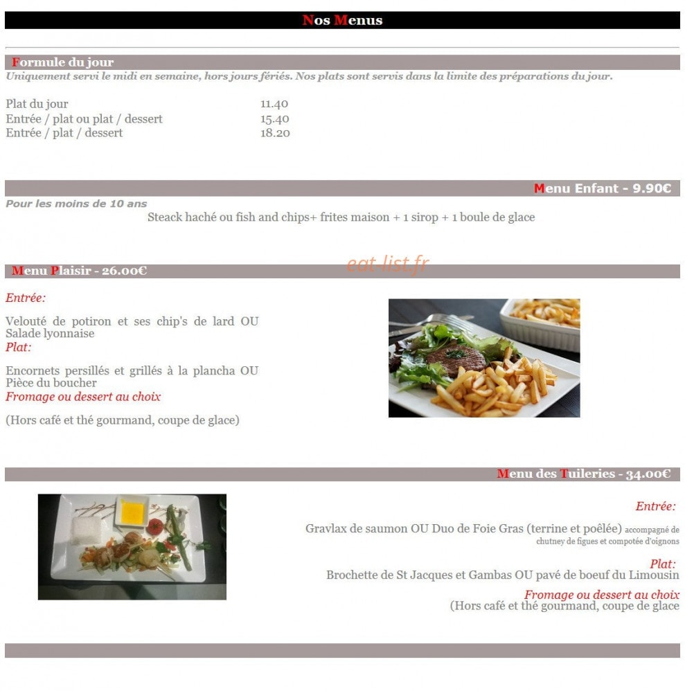 Carte et menu de Brasserie les tuileries à Tassin la Demi Lune — Les menus