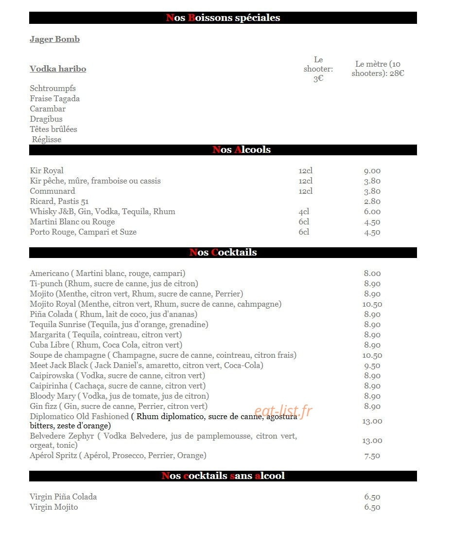 Carte et menu de Brasserie les tuileries à Tassin la Demi Lune — Les boissons, alcools et cocktails