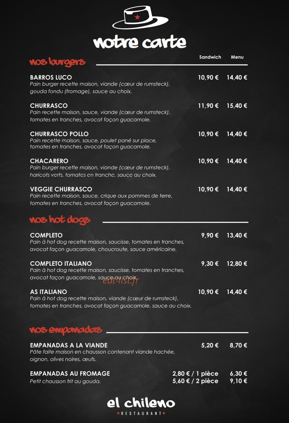 Carte et menu de El Chileno à Tassin la Demi Lune — La carte