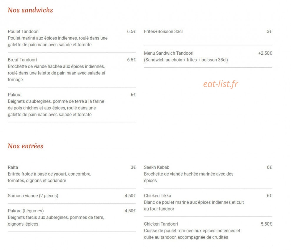 Carte et menu de Indian Food à Tassin la Demi Lune — Les entrées et sandwichs