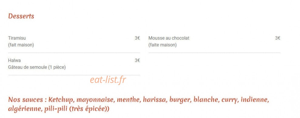 Carte et menu de Indian Food à Tassin la Demi Lune — Les desserts