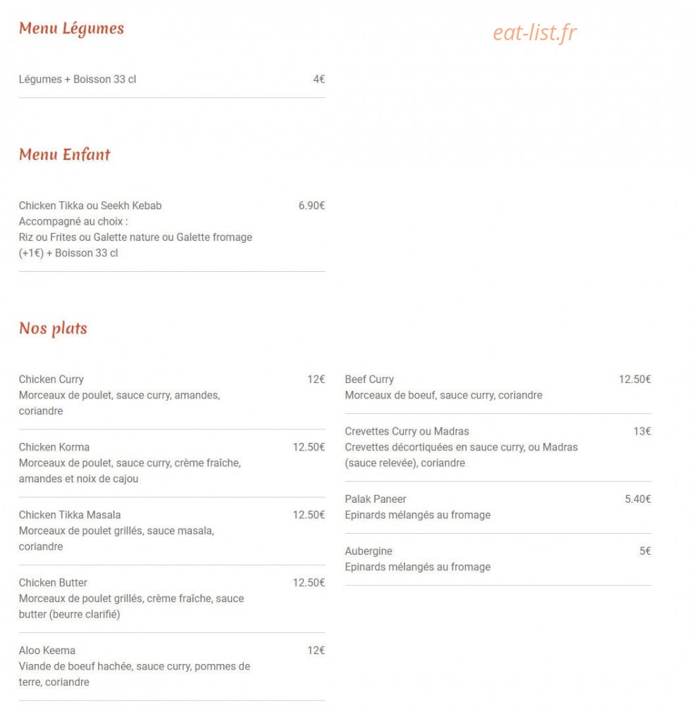 Carte et menu de Indian Food à Tassin la Demi Lune — Les menus et plats