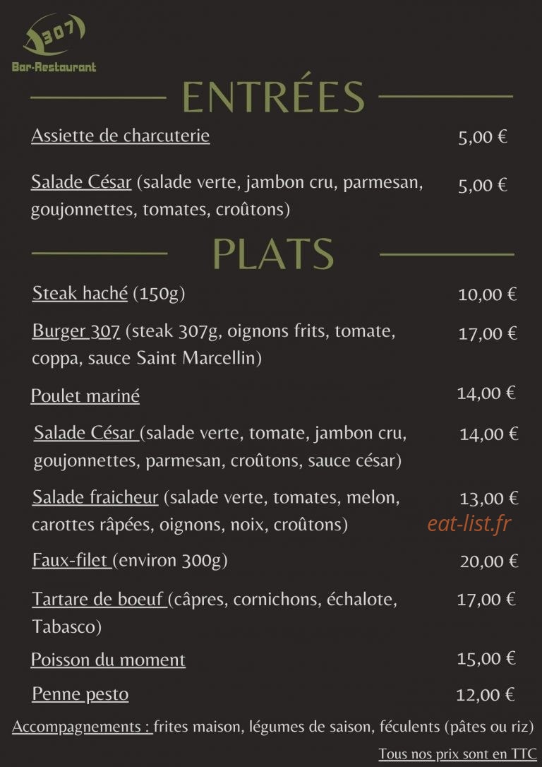Restaurant 307 — carte page 1