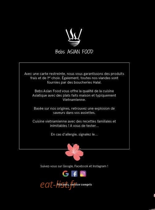 Carte et menu de Bebs Asian Food à Venissieux — Informations
