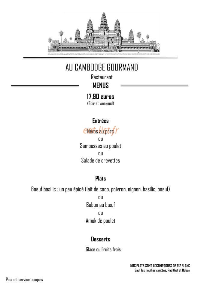 Carte et menu de Au cambodge gourmand à Fleurieux sur l'Arbresle — menu à 17,90€