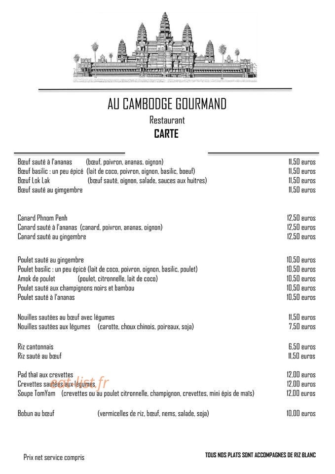 Carte et menu de Au cambodge gourmand à Fleurieux sur l'Arbresle — La carte