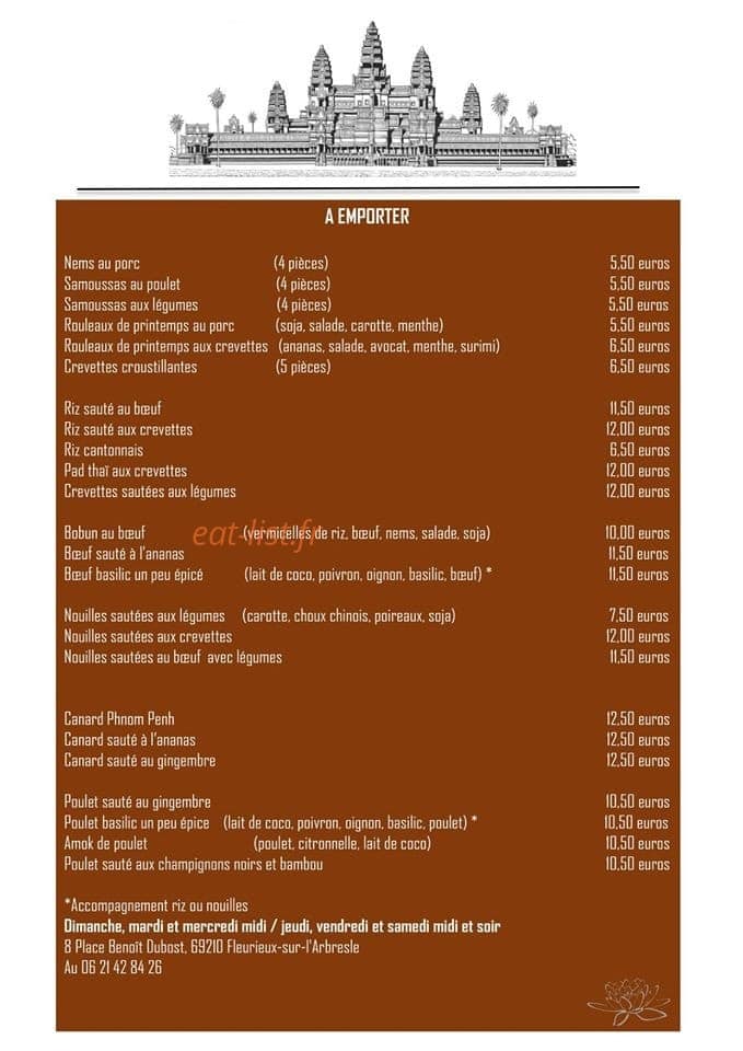 Carte et menu de Au cambodge gourmand à Fleurieux sur l'Arbresle — menu à emporter