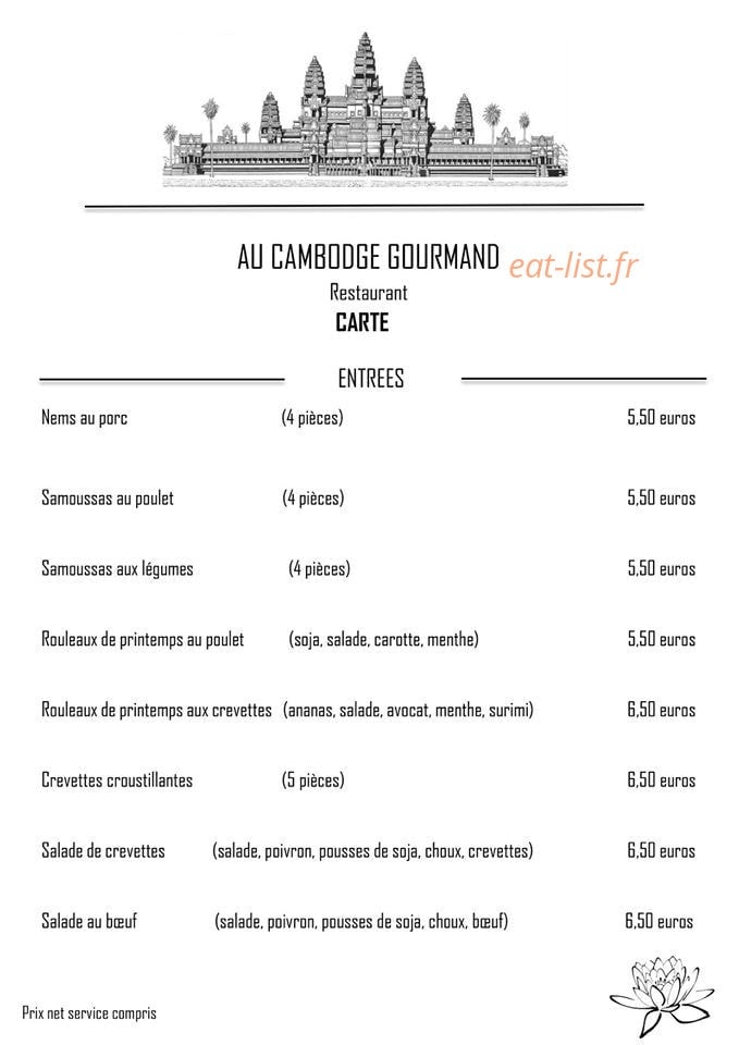 Carte et menu de Au cambodge gourmand à Fleurieux sur l'Arbresle — les entrées