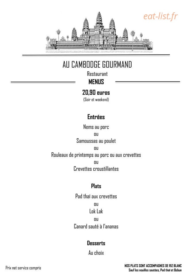 Carte et menu de Au cambodge gourmand à Fleurieux sur l'Arbresle — menu à 20,90€
