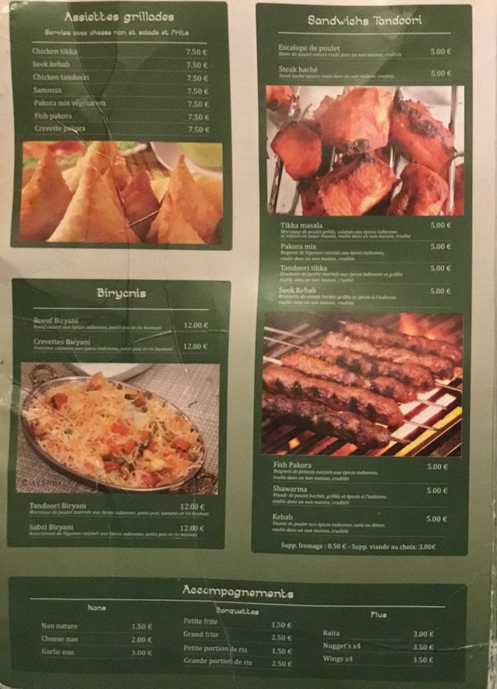 Carte et menu de Raja Tandoori à L' Arbresle — Les assiettes grillades, biryanis, sandwiches tandoori et accopagnements