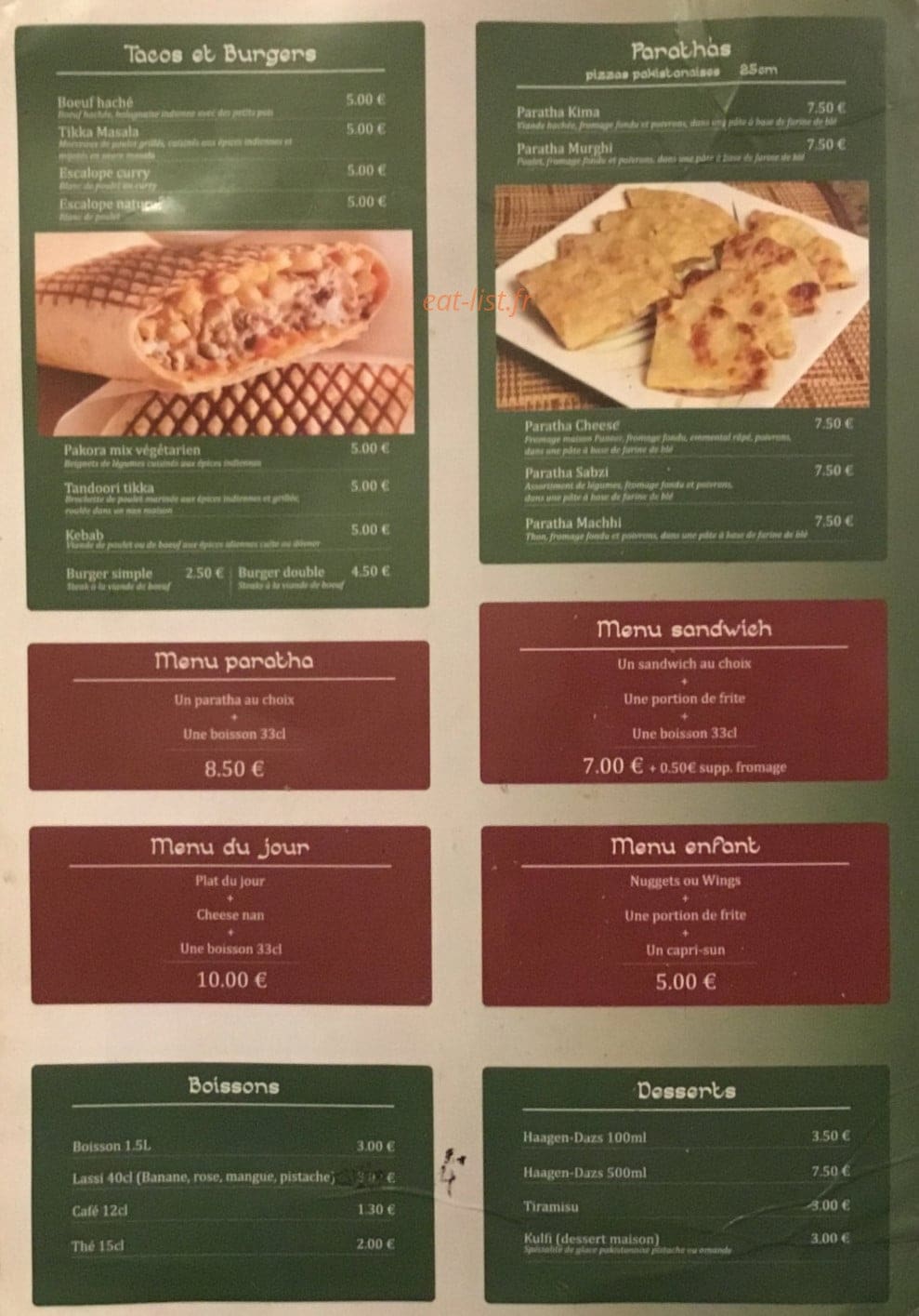 Carte et menu de Raja Tandoori à L' Arbresle — Les tacos, burgers, parathas...