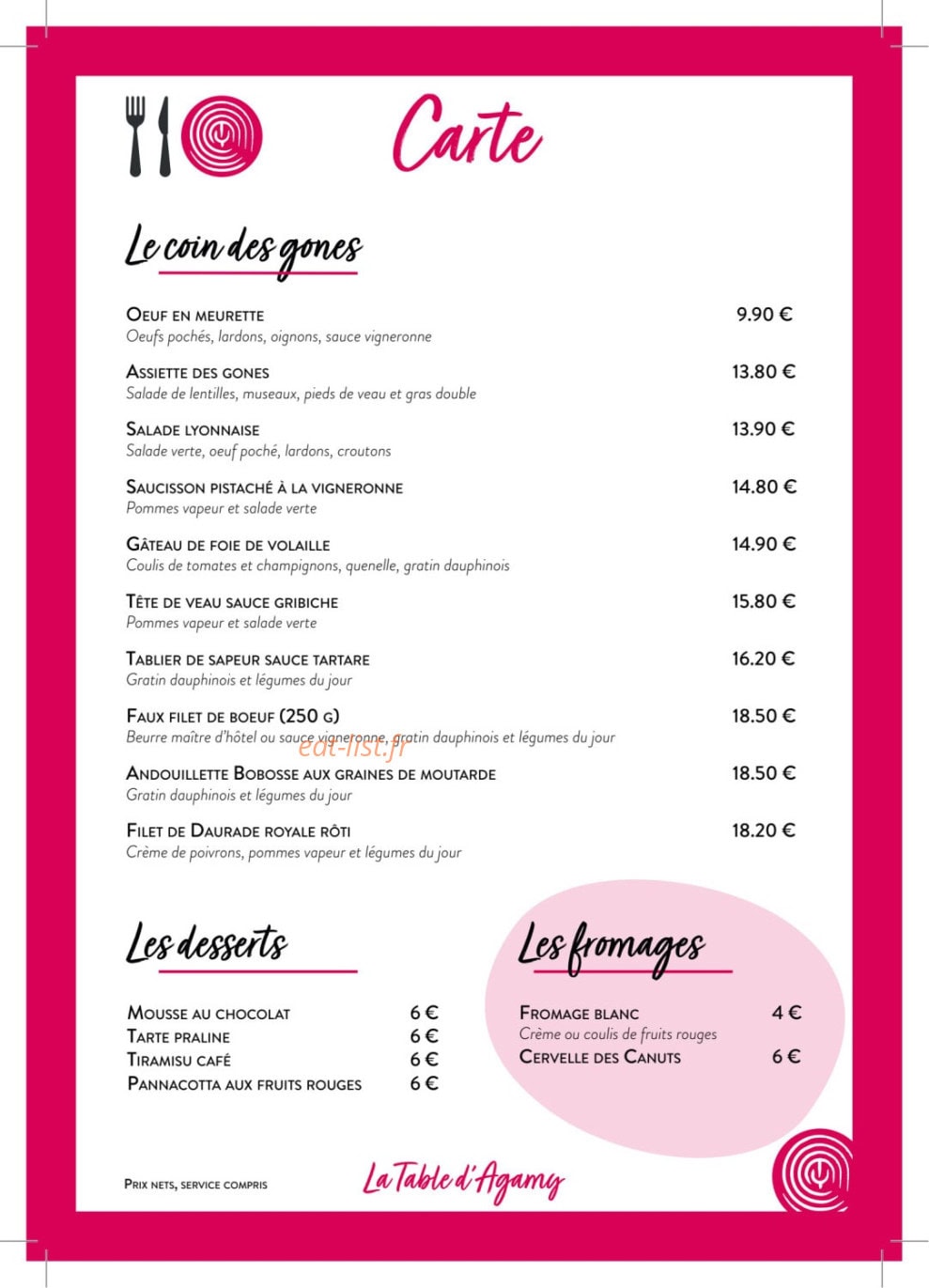 La Table d'Agamy — carte page 1