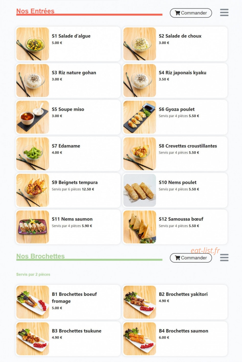 Carte et menu de Gold & Roll's à Belleville-en-Beaujolais — Les entrées, brochettes