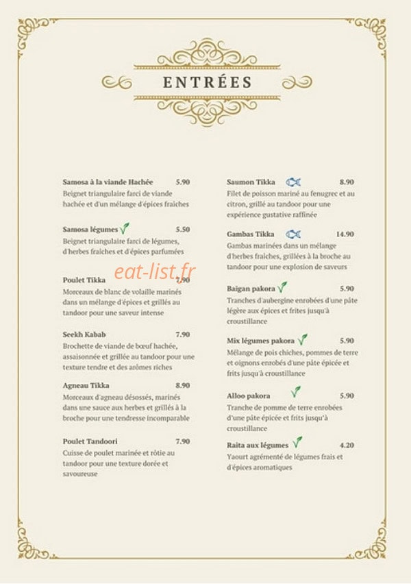 Carte et menu de Indian Garden à Belleville-en-Beaujolais — Les entrées