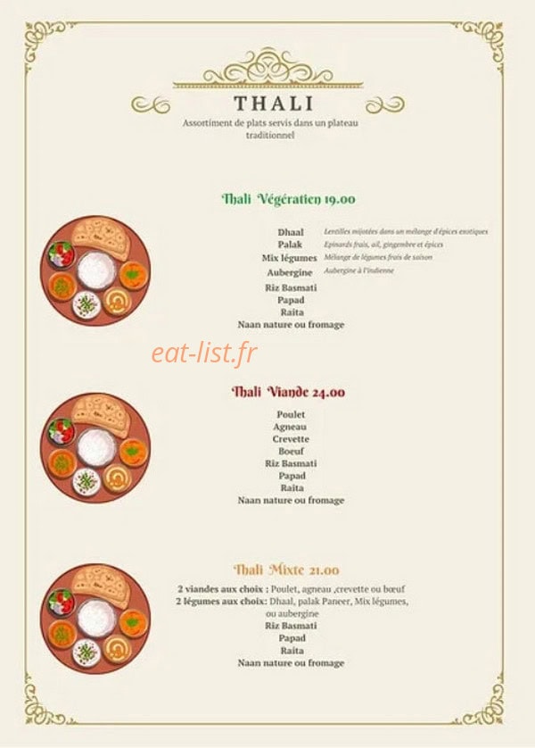 Carte et menu de Indian Garden à Belleville-en-Beaujolais — Les thalis