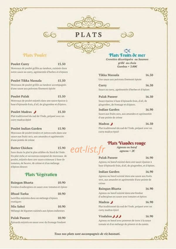 Carte et menu de Indian Garden à Belleville-en-Beaujolais — Les plats