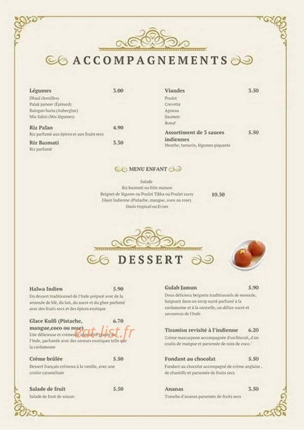 Carte et menu de Indian Garden à Belleville-en-Beaujolais — Les accompagnements et desserts