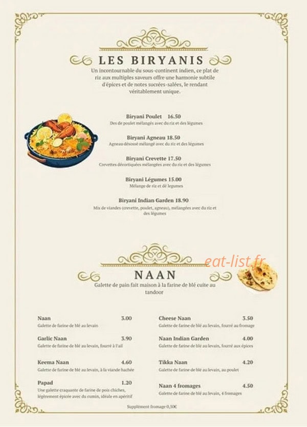 Carte et menu de Indian Garden à Belleville-en-Beaujolais — Les biryanis et naans