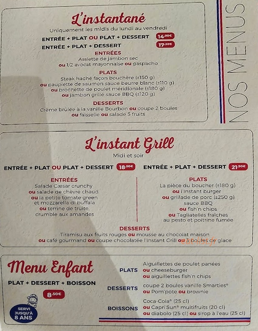Carte et menu de L'Instant Grill à Belleville-en-Beaujolais — Les menus