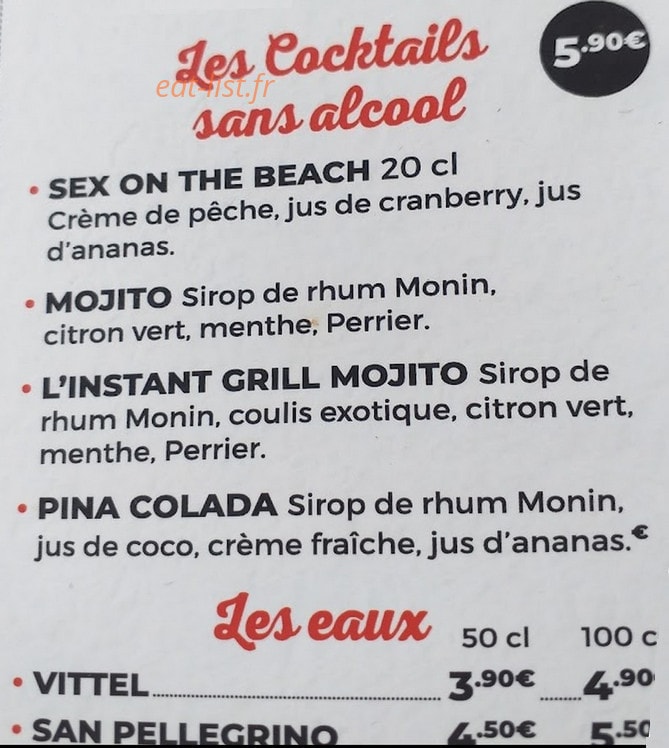 Carte et menu de L'Instant Grill à Belleville-en-Beaujolais — Les cocktails sans alcool et les eaux