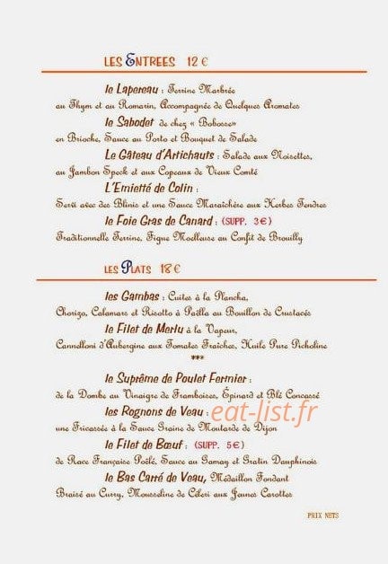 Carte et menu de Le Beaujolais à Belleville-en-Beaujolais — Les entrées