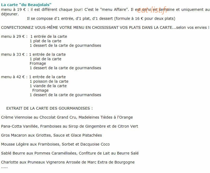 Carte et menu de Le Beaujolais à Belleville-en-Beaujolais — Les menus