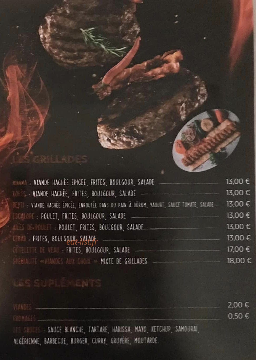 Carte et menu de Viande aux Choix à Belleville-en-Beaujolais — Les grillades et suppléments