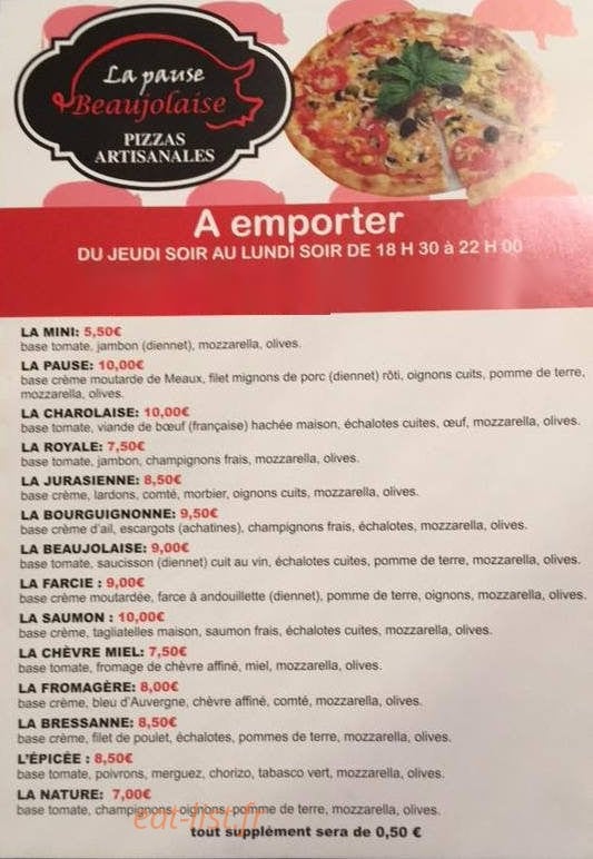 Carte et menu de La Pause Beaujolaise à Saint Jean d'Ardieres — Les pizzas