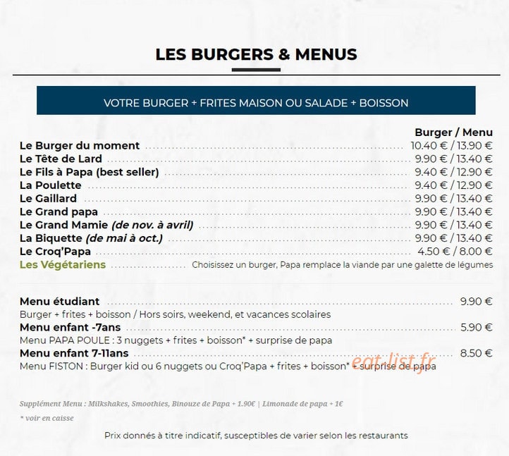 Les Burgers de Papa — carte page 2