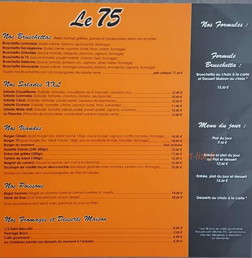 restaurant le 75 — carte page 1