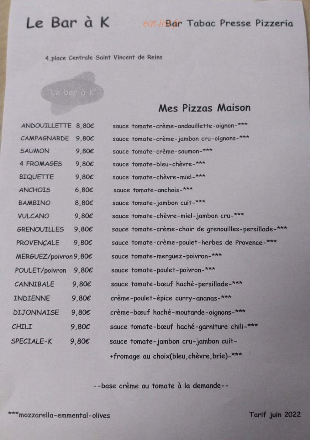 Le Bar À K — carte page 1