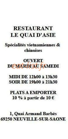 Carte et menu de Le Quai d'Asie à Neuville sur Saone — Les informations