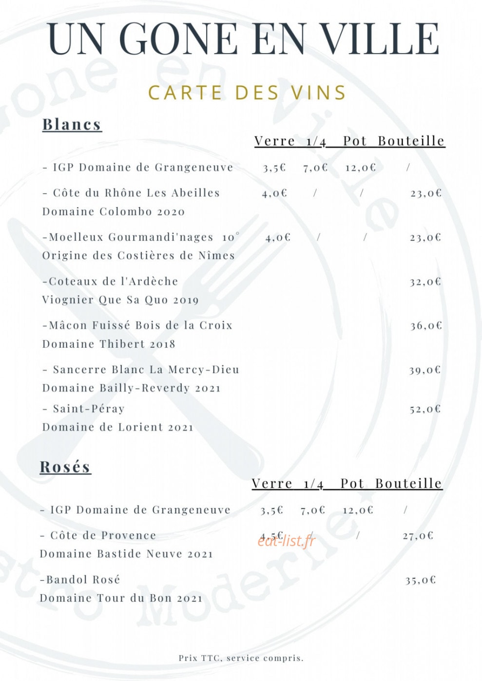 Carte et menu de Un Gone en ville à Neuville sur Saone — La carte des vins (suite)