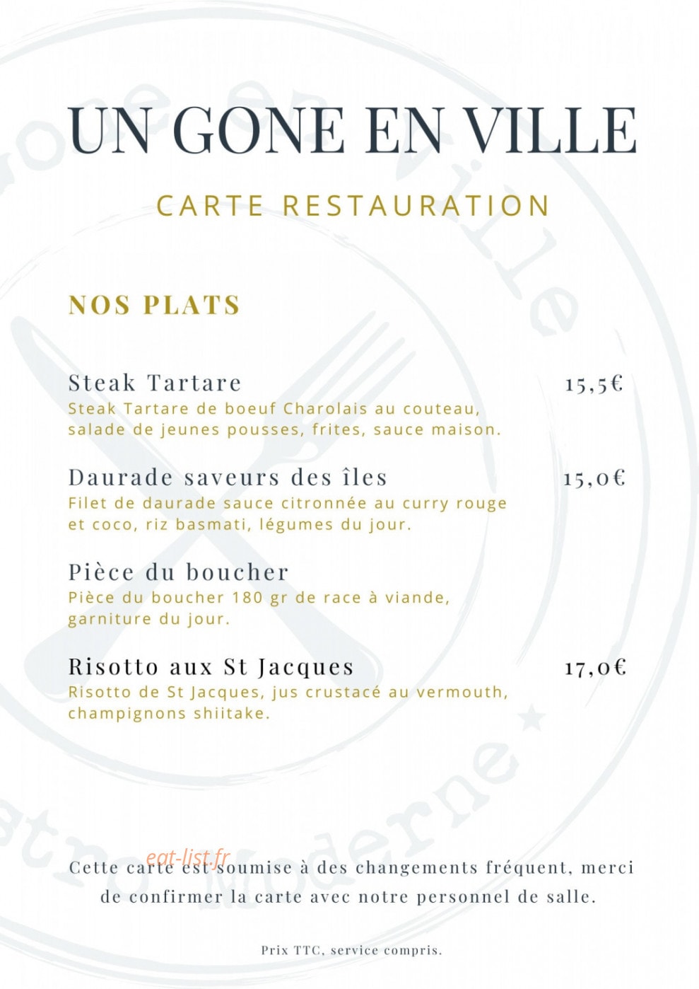 Carte et menu de Un Gone en ville à Neuville sur Saone — Les plats