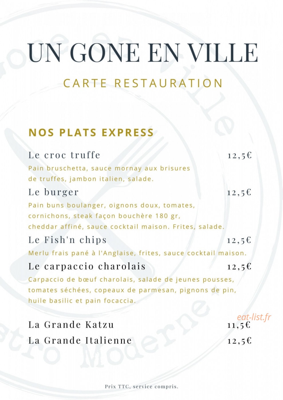 Carte et menu de Un Gone en ville à Neuville sur Saone — Les plats express