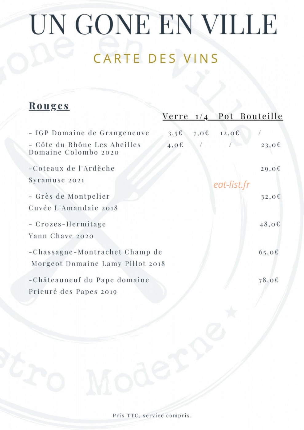 Carte et menu de Un Gone en ville à Neuville sur Saone — La carte des vins