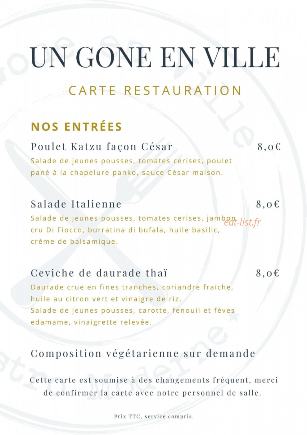 Carte et menu de Un Gone en ville à Neuville sur Saone — Les entrées